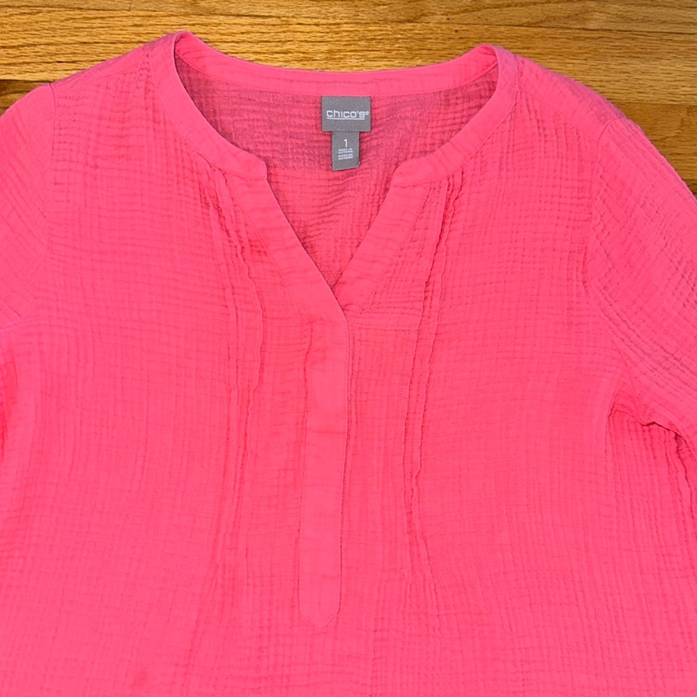 🎤🎉 Chico's Waffle Knit Bell Sleeve V Neckline Blouse Sz 1 (8/10) - Picture 5 of 8